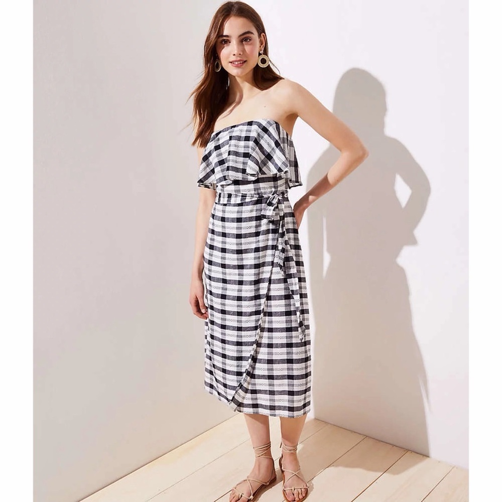 NWT LOFT Beach Gingham Flounce Tie Waist Dress